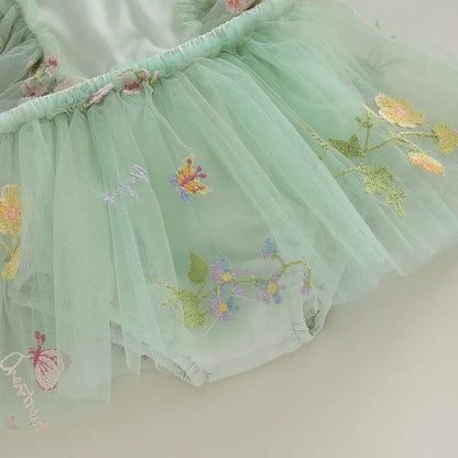 Adorable Baby Girl 2-Piece Floral Embroidery Tulle Romper Dress with Ruffle Sleeves and Headband Set