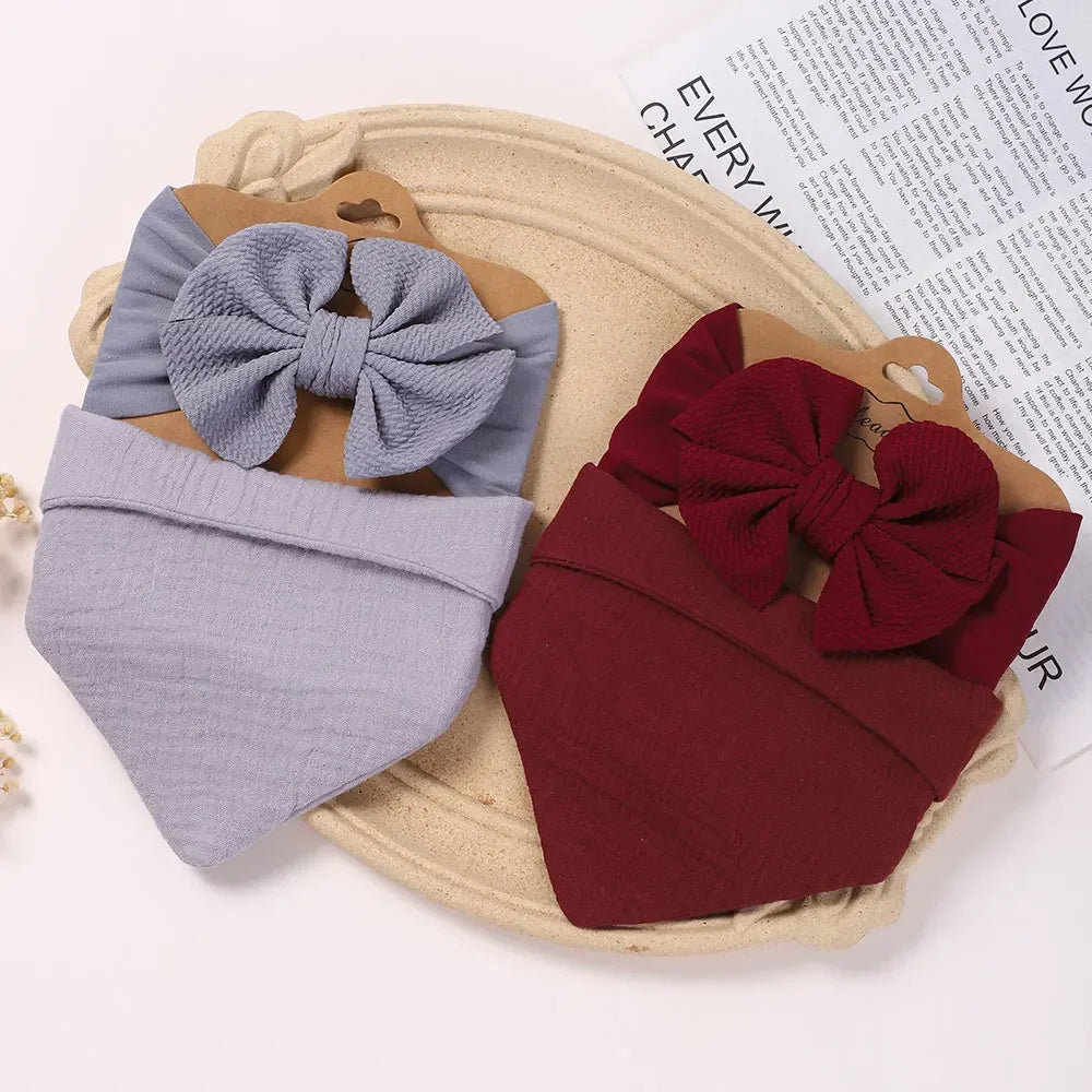 Toddler Ruffled Edge Turban Set with Big Bow - 2Pcs Solid Color Headbands for Newborns and Toddlers