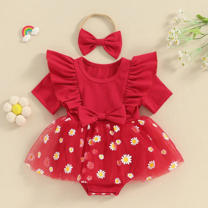 Adorable Baby Girl 2-Piece Daisy Print Summer Romper Dress Set with Matching Headband