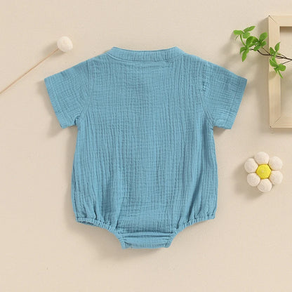 Summer Casual Baby Boy Shirred Romper - Short Sleeve Button Down Jumpsuit for Newborns (0-18 Months)