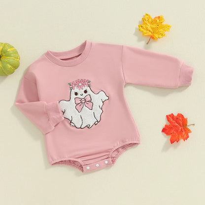 Adorable Baby Girl Halloween Rompers with Fuzzy Ghost Embroidery - Long Sleeve Jumpsuits for Newborns (0-18 Months)