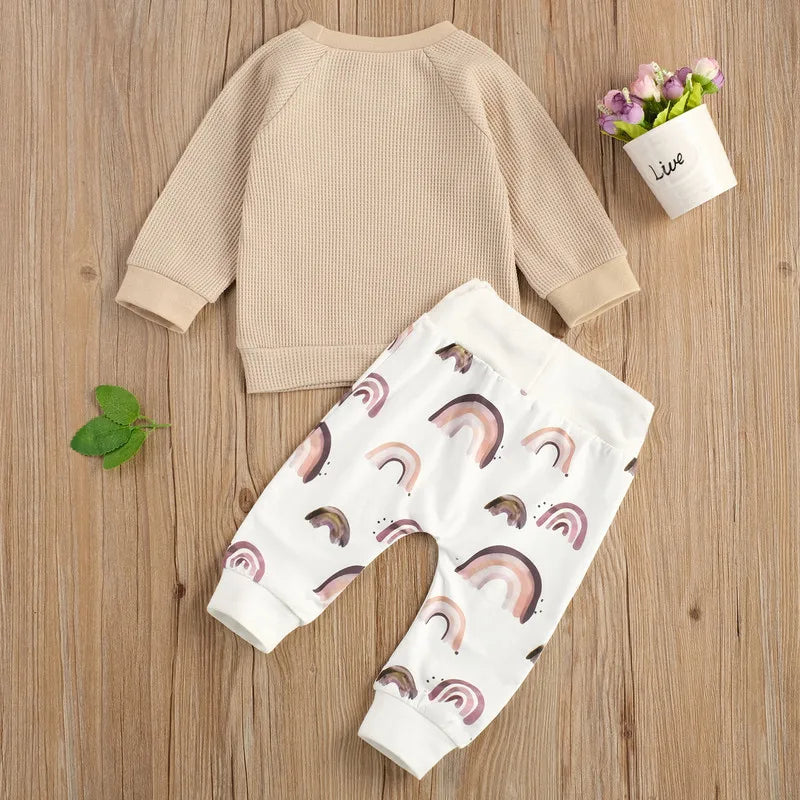 Adorable Autumn 2-Piece Outfit for Newborn Baby Boys: Long Sleeve Top with Colorful Rainbow Pants