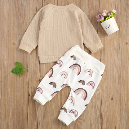 Adorable Autumn 2-Piece Outfit for Newborn Baby Boys: Long Sleeve Top with Colorful Rainbow Pants