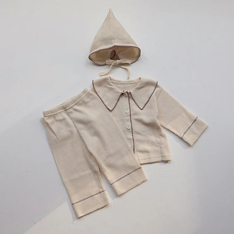 Autumn Baby Girls Waffle Coat, Pants & Hat Set - Stylish Casual Outfit for Newborns and Toddlers 2024