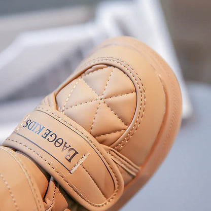 2024 Stylish Plush Leather Winter Boots for Kids - Warm Snow Shoes with Drawstring and Soft Soles for Boys and Girls