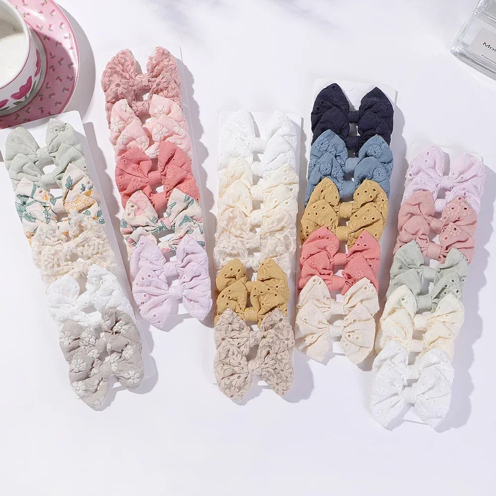10-Piece Handmade Baby Hair Bows Set with Cotton Embroidery Clips for Girls