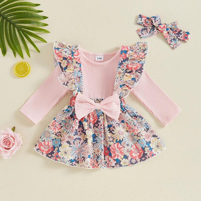 Adorable 3-Piece Infant Girls Autumn Outfit Set with Ruffled Romper, Floral Bow Skirt, and Matching Hair Band