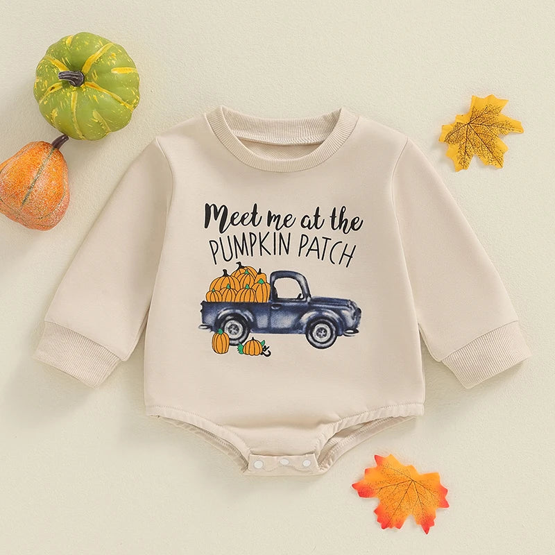 Adorable Unisex Baby Pumpkin Truck Print Long Sleeve Sweatshirt Romper for Halloween
