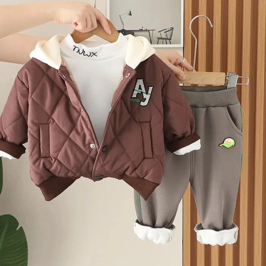Winter Sports Style Three-Piece Hooded Jacket and Pants Set for Boys