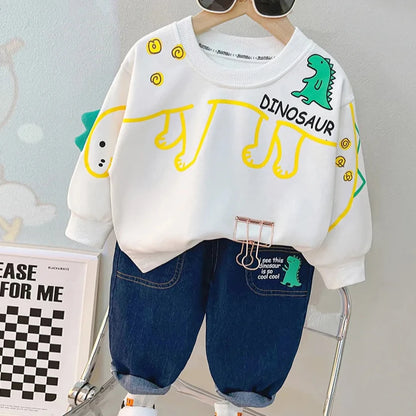 Adorable 2023 Boys Cartoon Dinosaur Pullover Sweatshirt and Denim Pants Outfit for Autumn Fashion