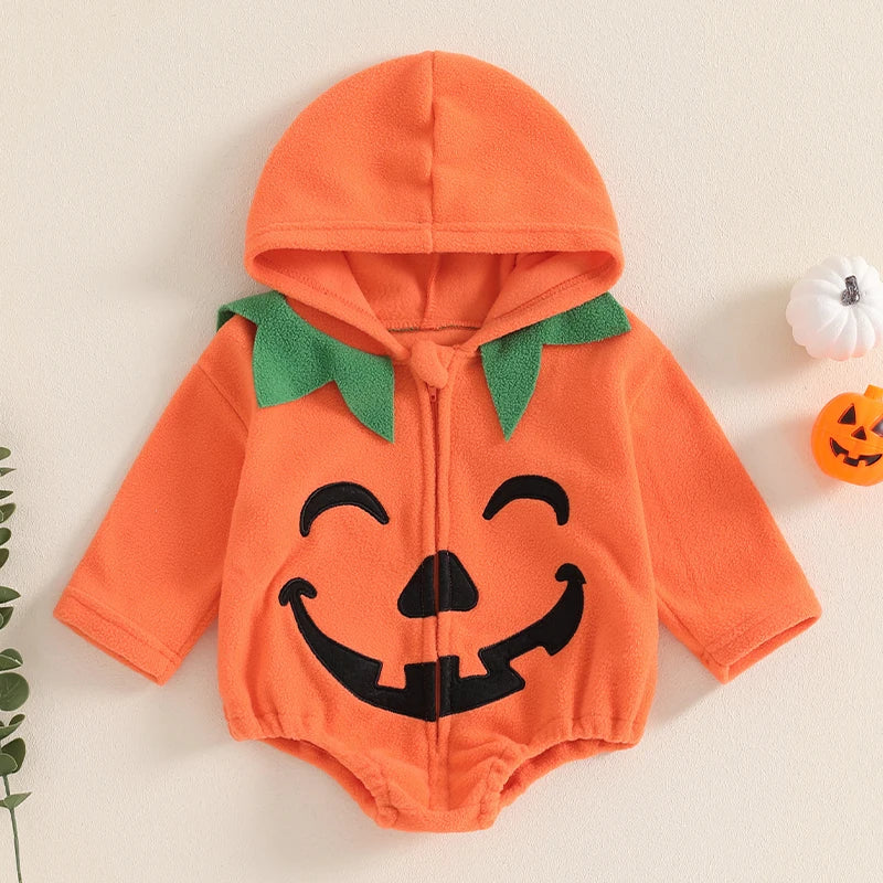 Adorable Pumpkin Print Hooded Romper for Babies - Long Sleeve Halloween Jumpsuit for Newborns, Unisex Autumn/Winter Outfit