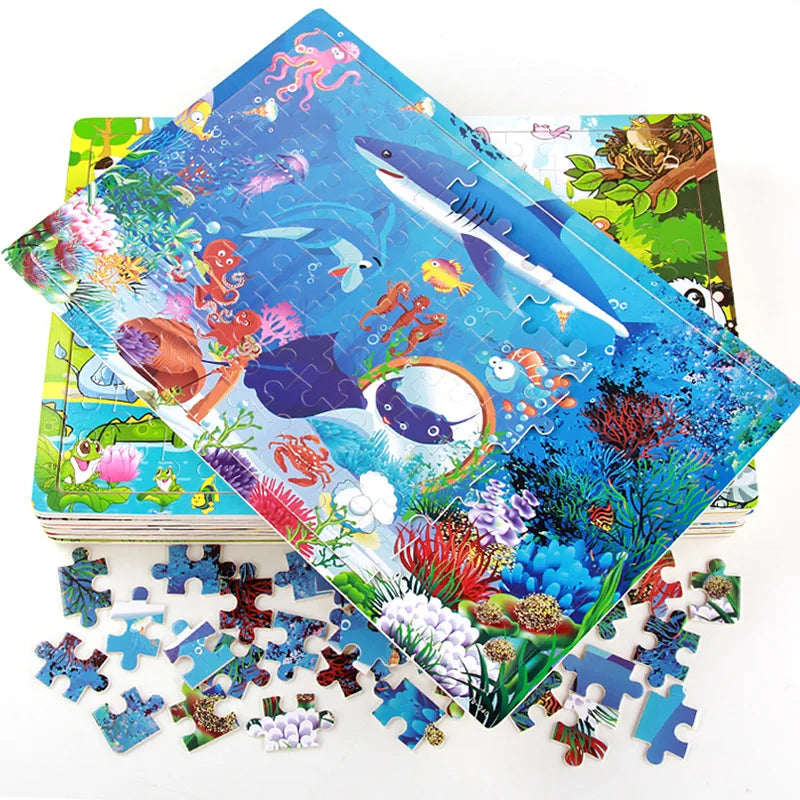 100-Piece Wooden Animal Jigsaw Puzzles - Farm and Dinosaur Themes for Early Education and Montessori Learning Toys for Kids