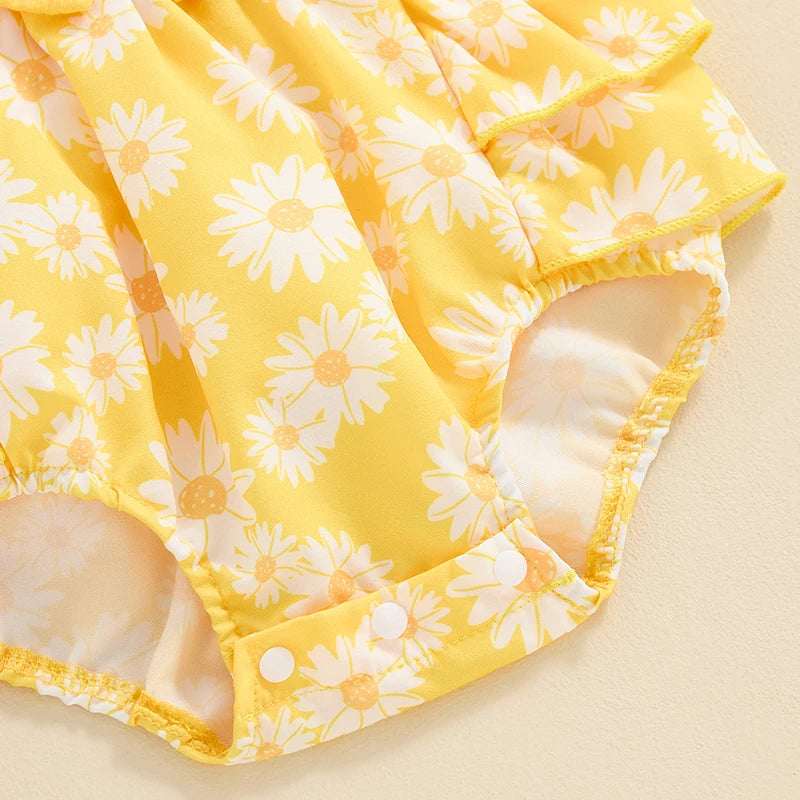 Baby Clothing Girl Outfits Floral Print Ribbed Fly Sleeve Bowknot Patchwork Layered Jumpsuits Headband Newborn Clothes