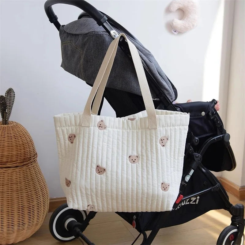 Stylish Large Capacity Embroidered Maternity Diaper Bag with Bear and Bunny Design for Stroller - Portable Travel Handbag for Moms