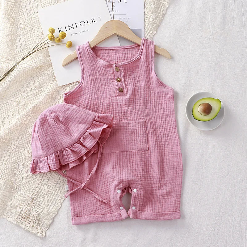 Sleeveless Summer Cotton Muslin Baby Romper with Matching Hat - Soft Toddler Overalls for Newborns and Infants