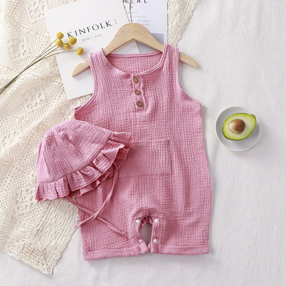 Sleeveless Summer Cotton Muslin Baby Romper with Matching Hat - Soft Toddler Overalls for Newborns and Infants