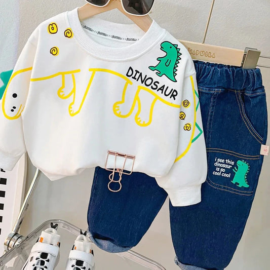 Adorable 2023 Boys Cartoon Dinosaur Pullover Sweatshirt and Denim Pants Outfit for Autumn Fashion