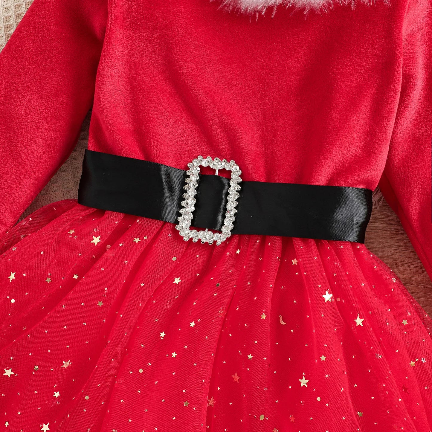 Toddler Girls Santa Claus Christmas Dress with Fluffy Red Long Sleeves and Bow Accessory for Holiday Parties