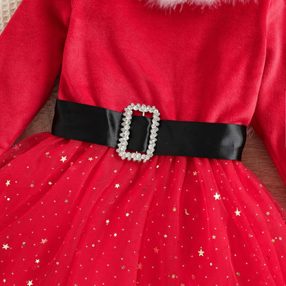 Toddler Girls Santa Claus Christmas Dress with Fluffy Red Long Sleeves and Bow Accessory for Holiday Parties