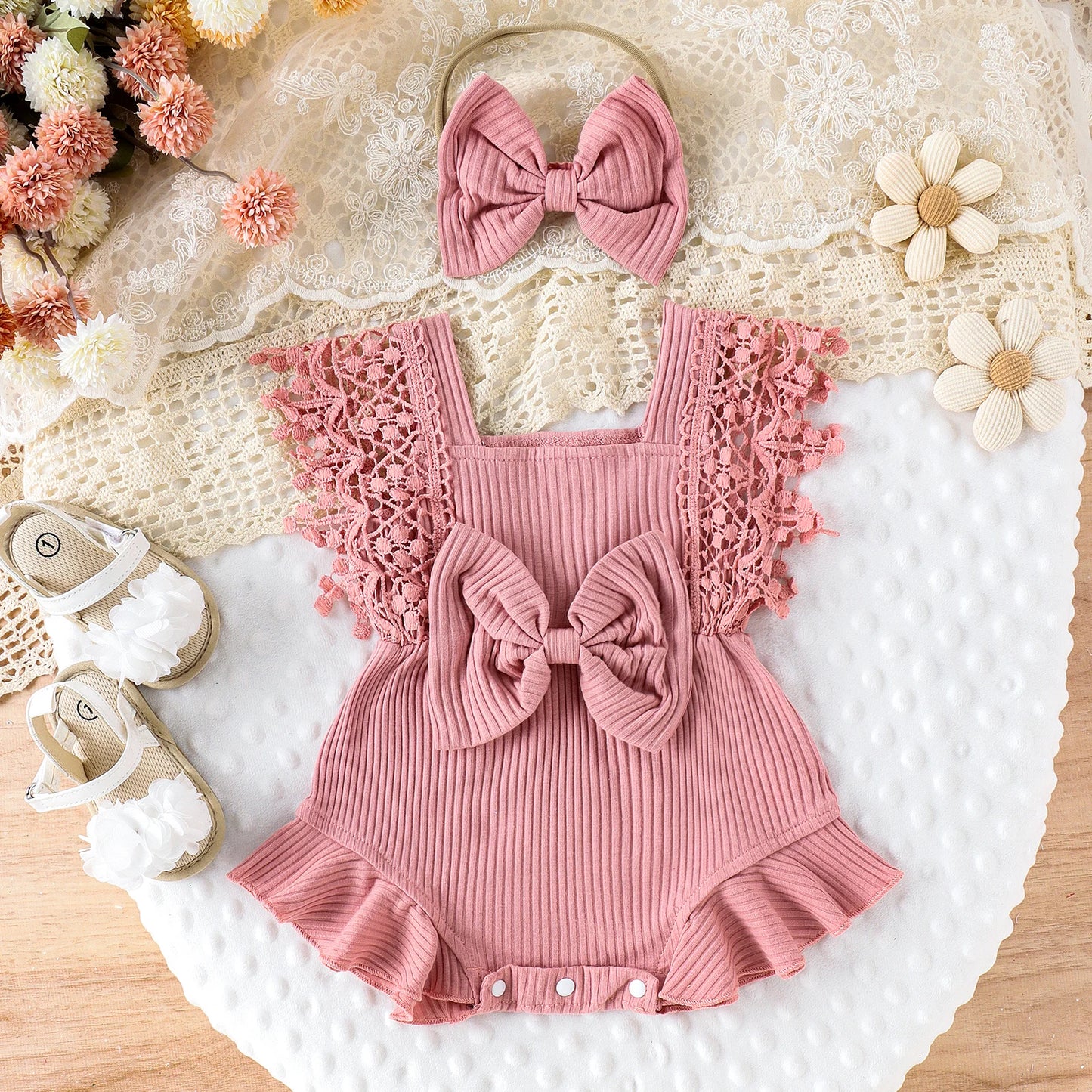 Toddler Girls Summer Lace Crochet Romper Set with Bow Headband - Cute Infant Outfit