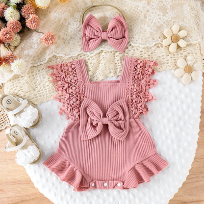 Toddler Girls Summer Lace Crochet Romper Set with Bow Headband - Cute Infant Outfit