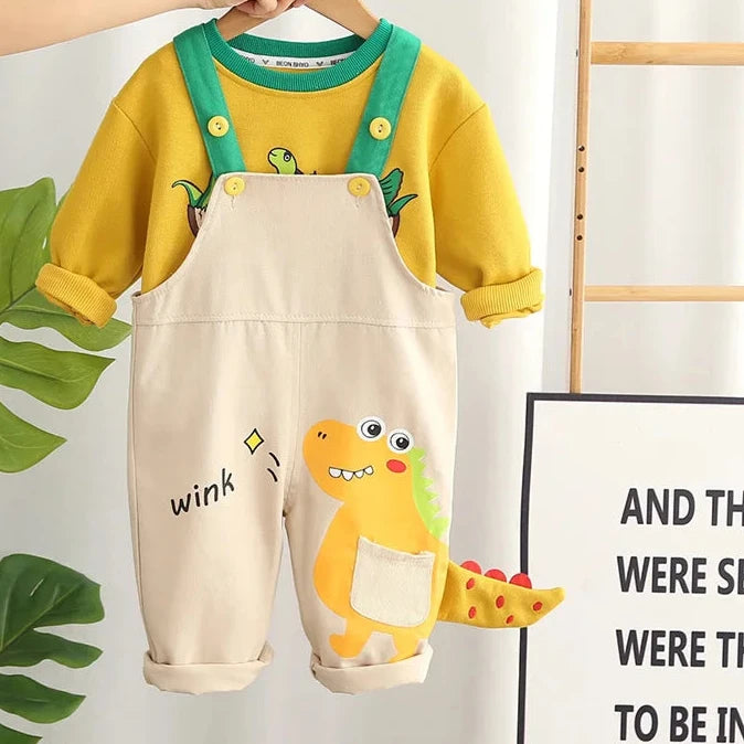 Adorable 2023 Autumn Baby Boys Cartoon Dinosaur Long Sleeve Rompers and Sweatshirt Set