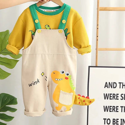Adorable 2023 Autumn Baby Boys Cartoon Dinosaur Long Sleeve Rompers and Sweatshirt Set