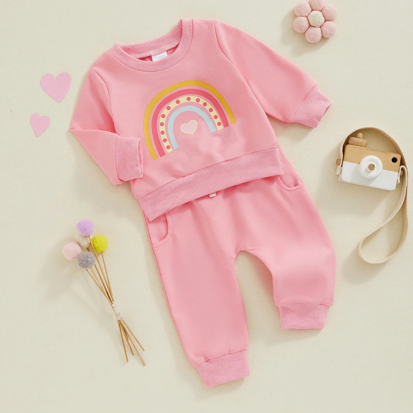 Toddler Girls' Rainbow Print 2-Piece Sweatsuit Set with Long Sleeve Sweatshirt and Pants