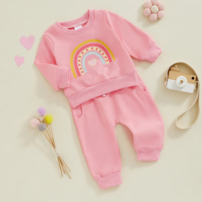Toddler Girls' Rainbow Print 2-Piece Sweatsuit Set with Long Sleeve Sweatshirt and Pants