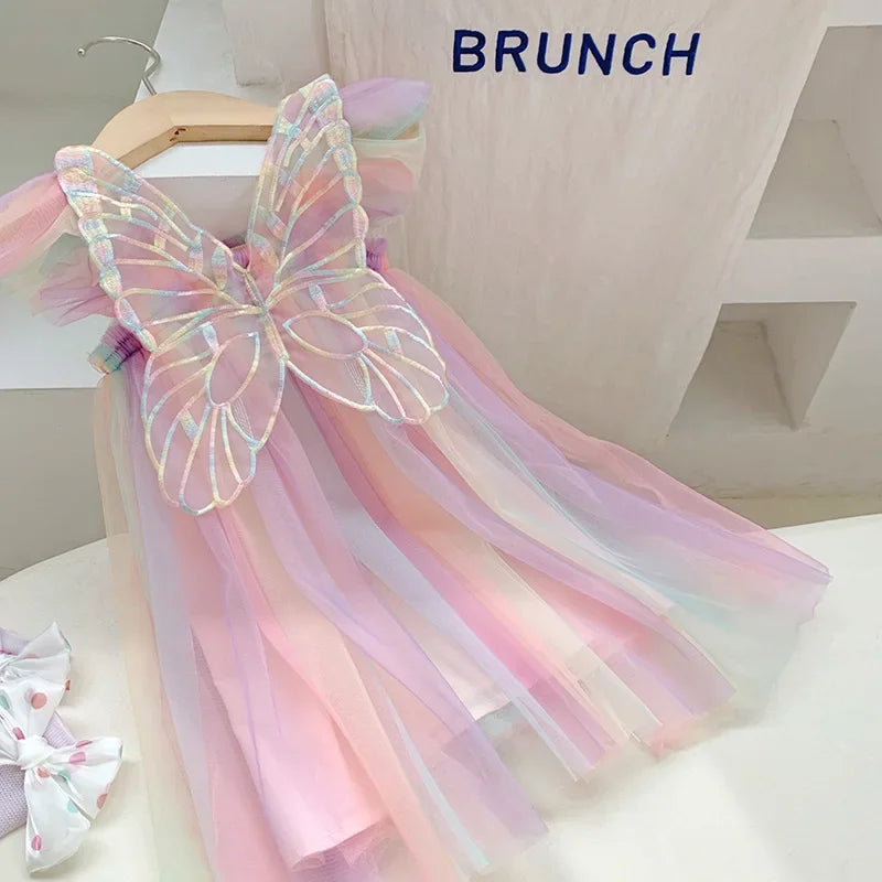 Toddler Girls' Summer Princess Dress with Rainbow Wings and Mesh Sleeves for Birthday Celebrations
