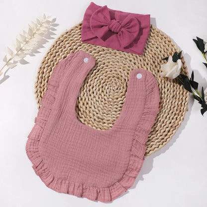 Toddler Ruffled Edge Turban Set with Big Bow - 2Pcs Solid Color Headbands for Newborns and Toddlers