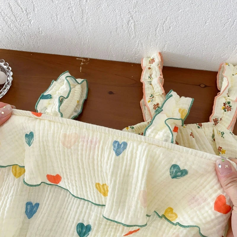 Summer Floral Muslin Baby Romper Set with Hat - Sweet Heart Print Sleeveless Jumpsuit for Newborns and Toddlers