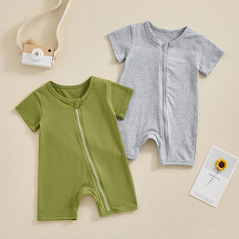 Unisex Summer Infant Romper with Short Sleeves and Zipper Closure for Newborns