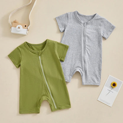 Unisex Summer Infant Romper with Short Sleeves and Zipper Closure for Newborns