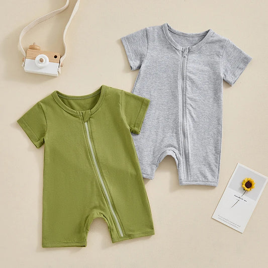Unisex Summer Infant Romper with Short Sleeves and Zipper Closure for Newborns