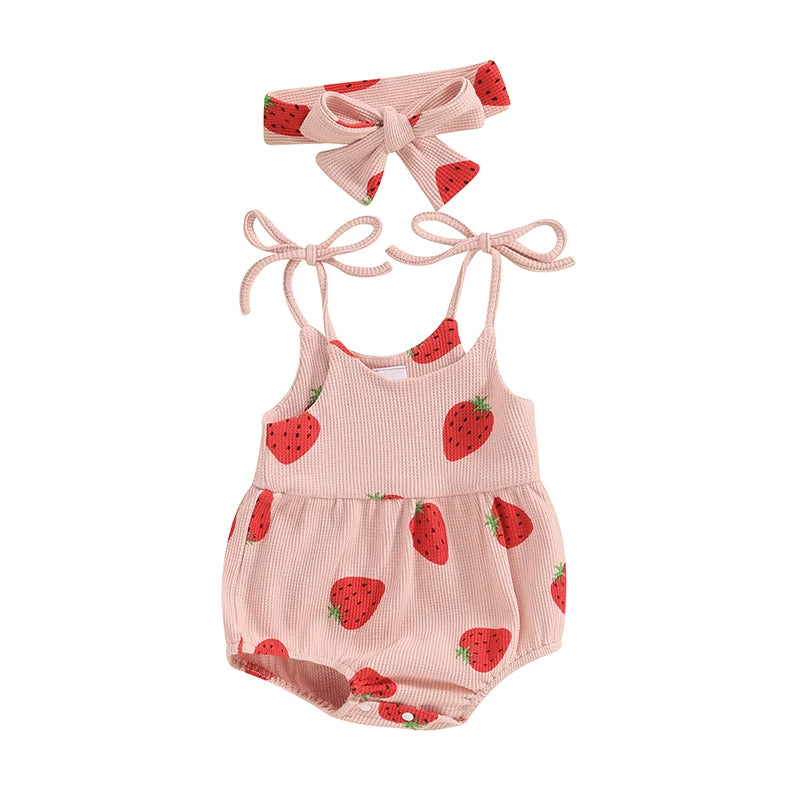 Adorable Baby Girl Summer Strawberry Print Romper and Headband Set - Cute Sleeveless Outfit