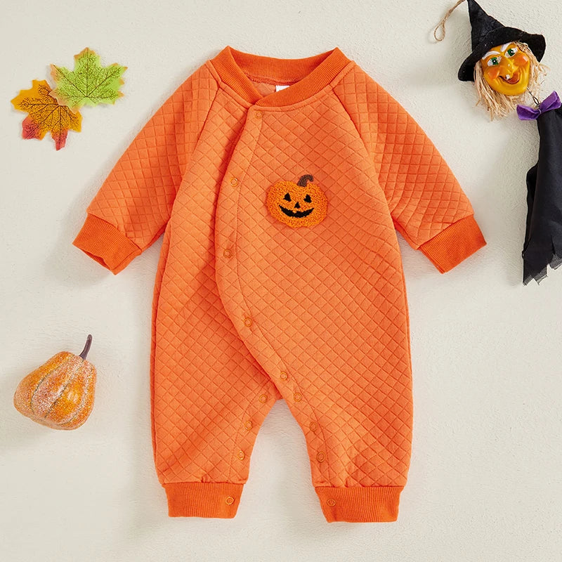 Cute Ghost Embroidered Halloween Romper for Infants - Long Sleeve Full Length Jumpsuit for Boys and Girls