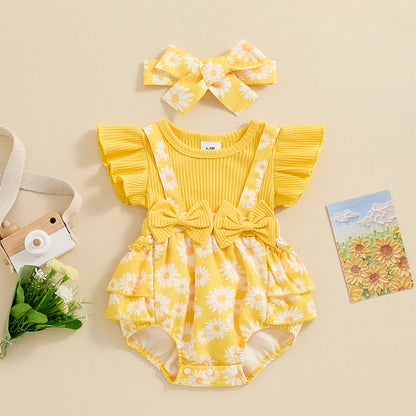 Baby Clothing Girl Outfits Floral Print Ribbed Fly Sleeve Bowknot Patchwork Layered Jumpsuits Headband Newborn Clothes