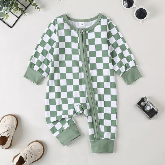 RUEWEY Unisex Baby Checkerboard Zipper Romper for 0-12 Months - Long Sleeve Spring Autumn Outfit