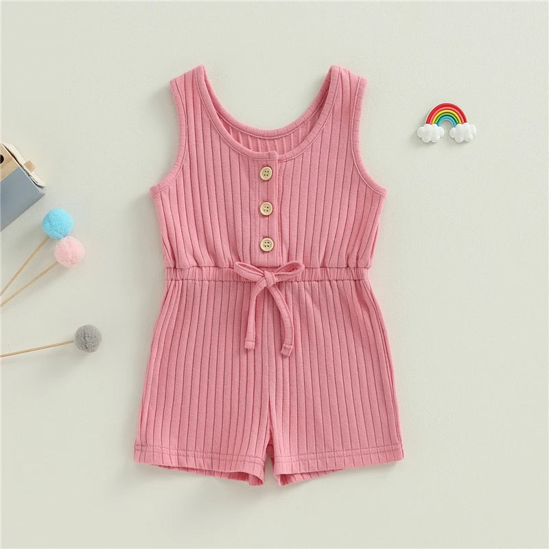 Toddler Summer Solid Color Ribbed Sleeveless Jumpsuit Playsuit for Baby Girls and Boys