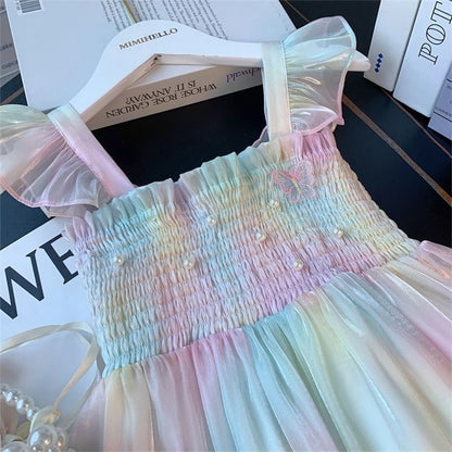 Rainbow Butterfly Wing Mesh Dress for Girls - Sweet Summer Birthday Party Princess Attire