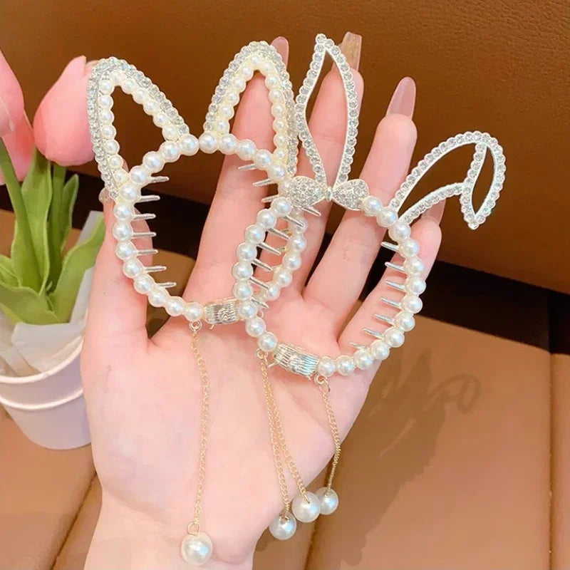 Whimsical Angel Wing Animal Ears Hair Clip with Tassel and Pearl Accents for Kids and Women