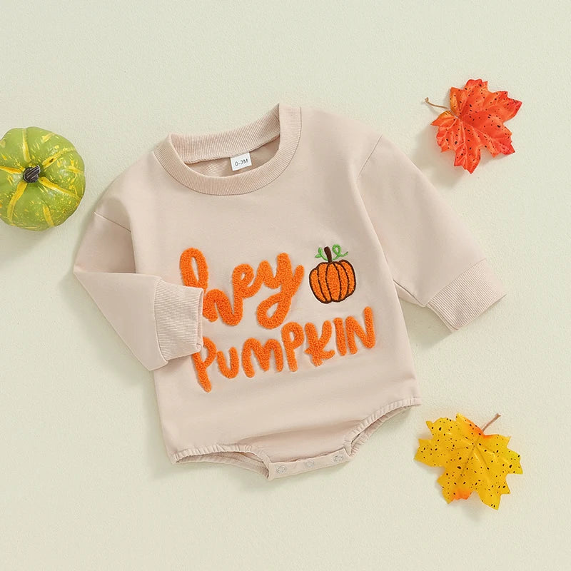 Adorable Halloween Baby Rompers for Boys & Girls - Pumpkin & Letter Embroidery, Long Sleeve Jumpsuits for Newborns