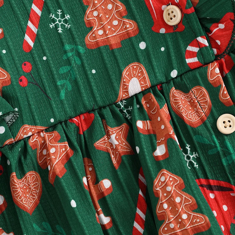 Adorable Baby Girl Christmas Rompers Dress with Gingerbread Man and Tree Print, Ruffled Skirt, and Headband for Newborns