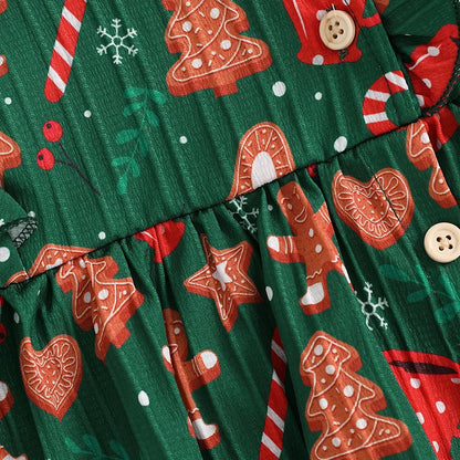 Adorable Baby Girl Christmas Rompers Dress with Gingerbread Man and Tree Print, Ruffled Skirt, and Headband for Newborns
