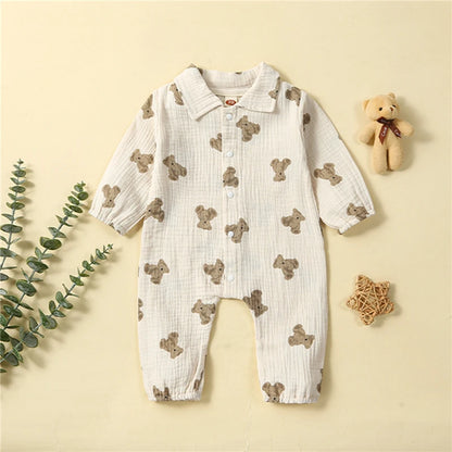 Adorable Bear Print Long Sleeve Romper for Newborns - Casual Turn-Down Collar Jumpsuit for Baby Boys and Girls
