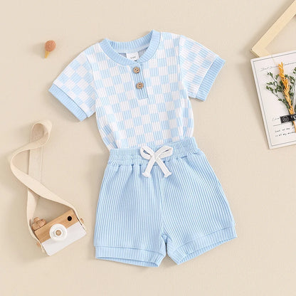 Trendy Baby Boys Summer Ribbed Checkerboard Bodysuit and Shorts Set (0-18 Months)