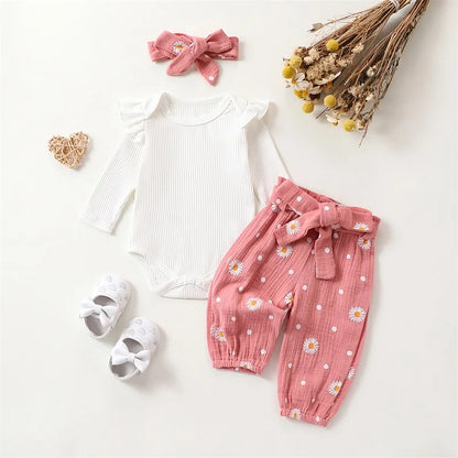 Adorable Baby Girl Autumn 3-Piece Cotton Outfits Set with Floral Romper, Pants, and Headband