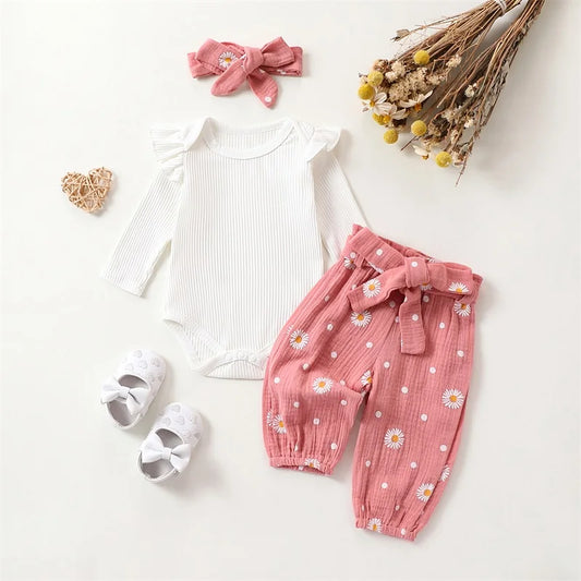 Adorable Baby Girl Autumn 3-Piece Cotton Outfits Set with Floral Romper, Pants, and Headband