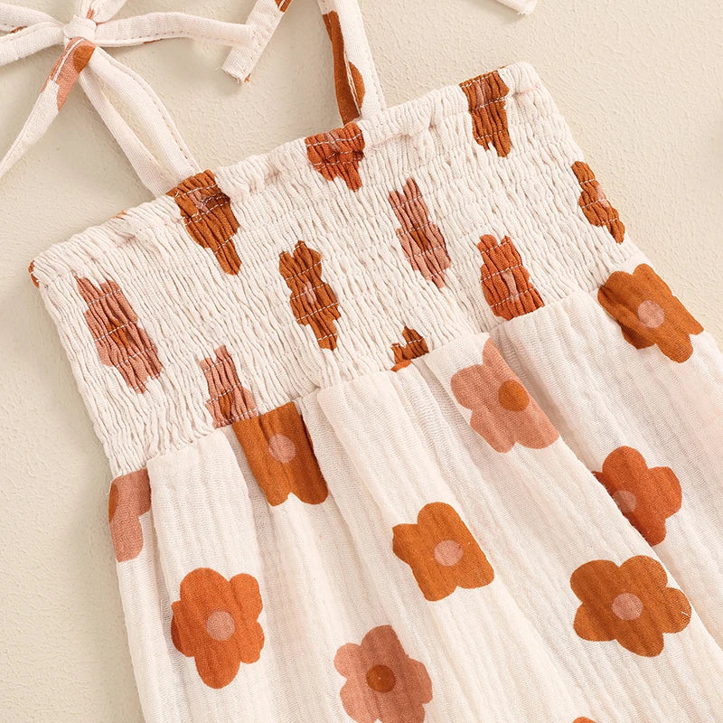 Toddler Summer Floral Print Romper with Square Neck and Spaghetti Straps for Girls